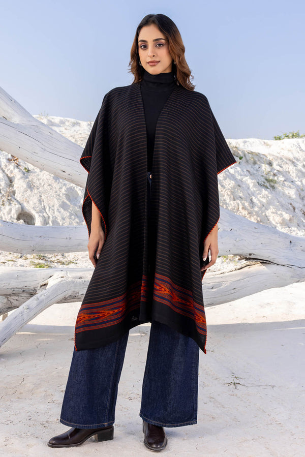 Black with Geometric Border Wool Ruana