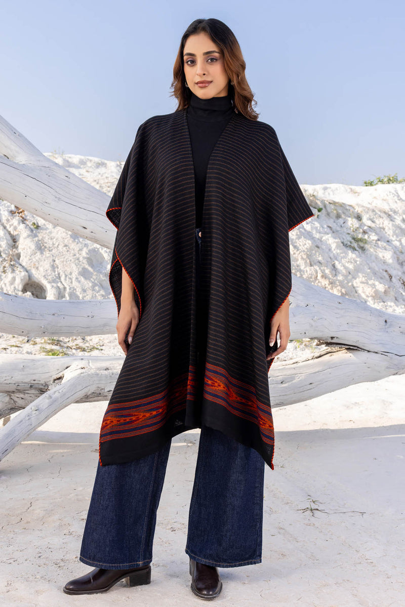 Black with Geometric Border Wool Ruana