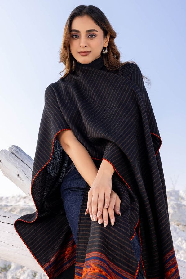 Black with Geometric Border Wool Ruana