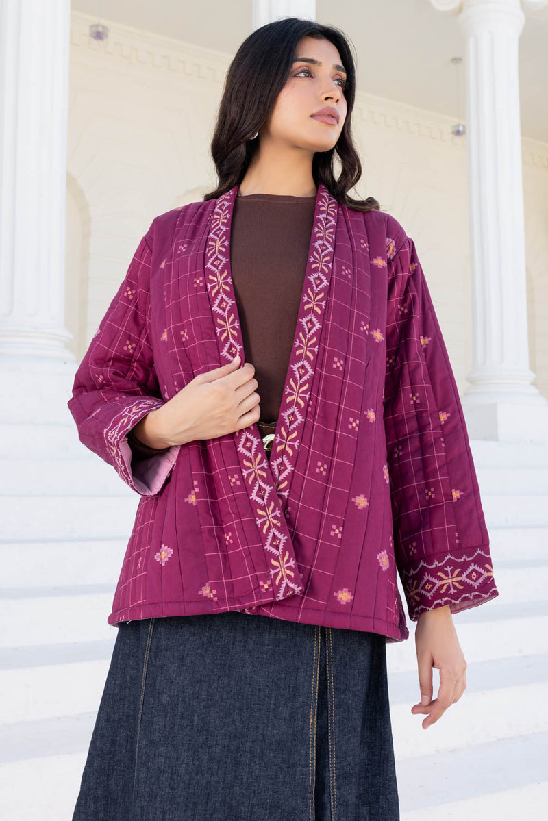 Dark Pink Jamdani Quilted Jacket