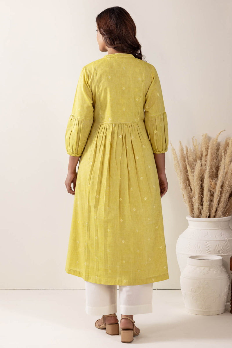 Lime Pleated Handloom Cotton Kurta