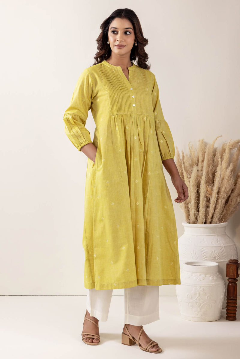 Lime Pleated Handloom Cotton Kurta