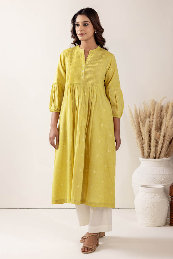 Lime Pleated Handloom Cotton Kurta