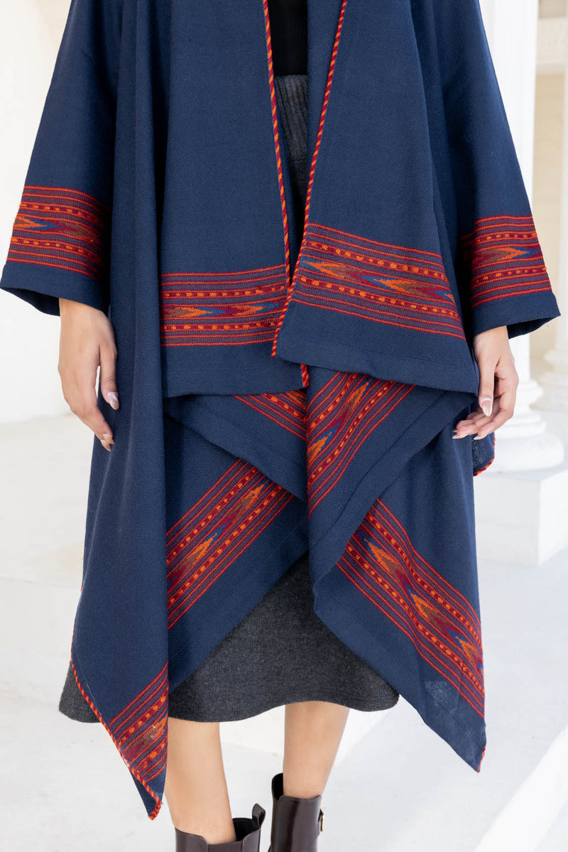 Prussian Blue Woollen Coat With Border