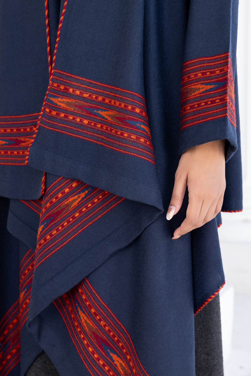 Prussian Blue Woollen Coat With Border