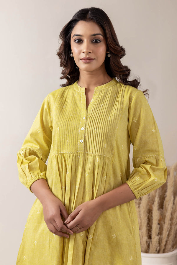 Lime Pleated Handloom Cotton Kurta