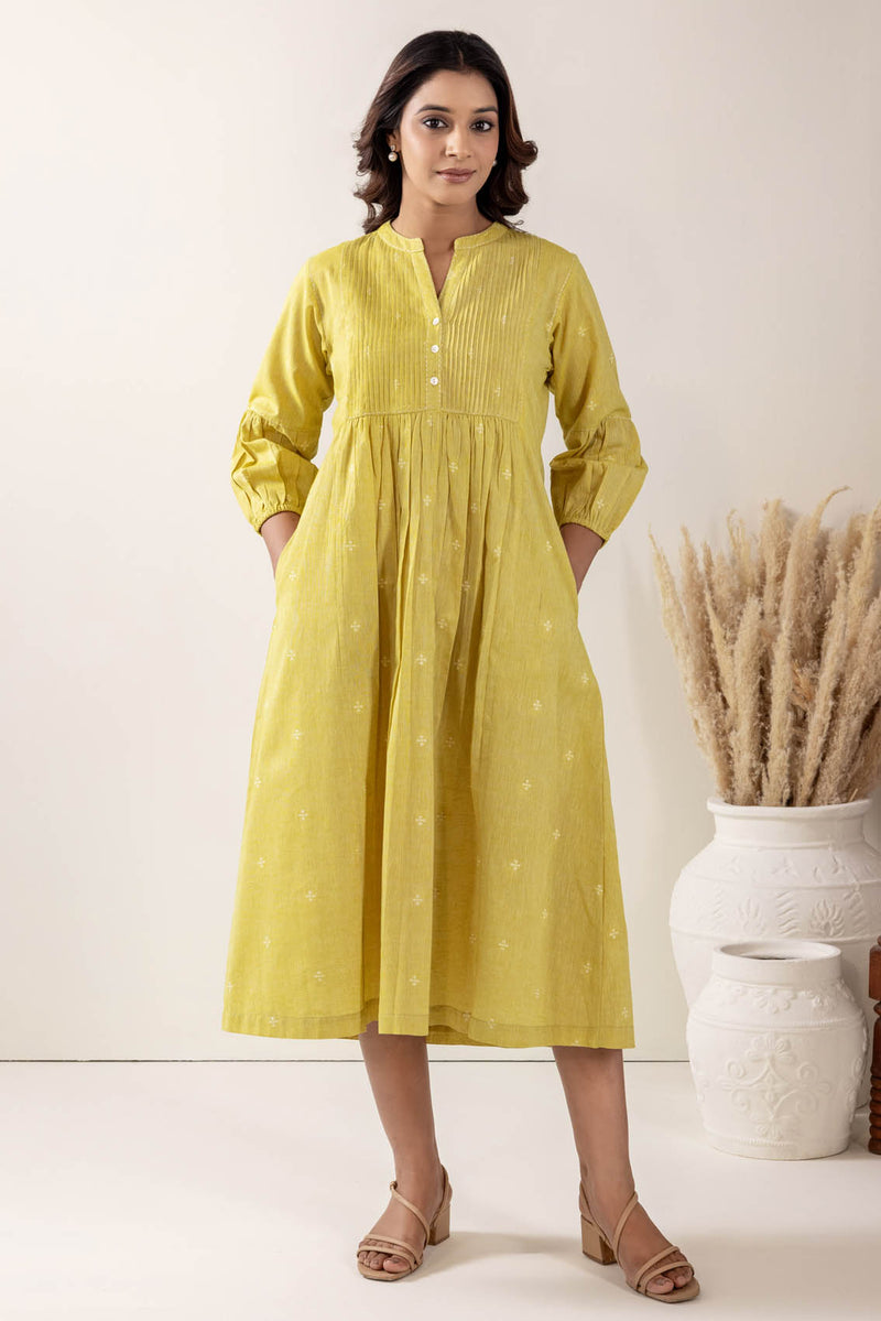 Lime Pleated Handloom Cotton Kurta