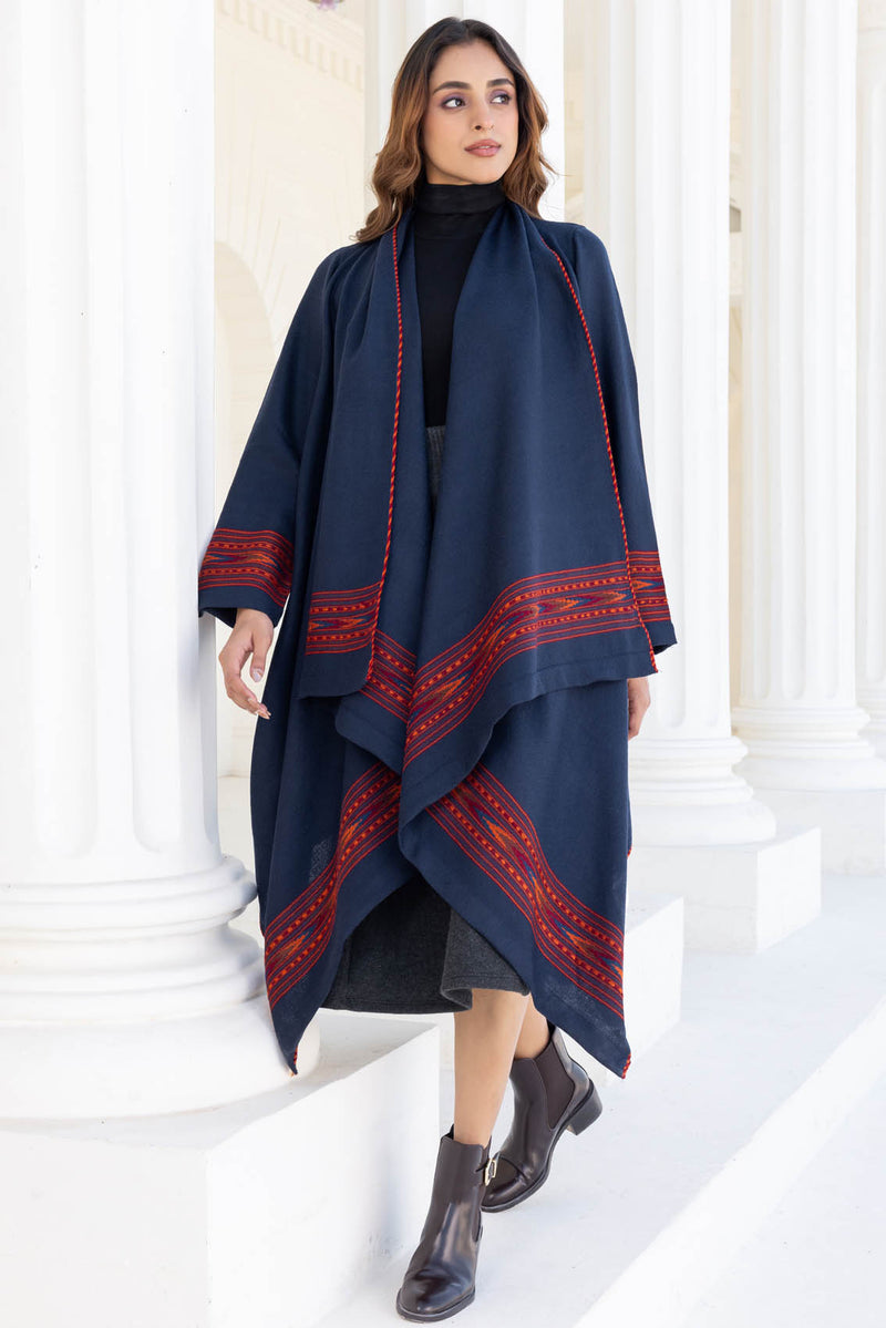 Prussian Blue Woollen Coat With Border