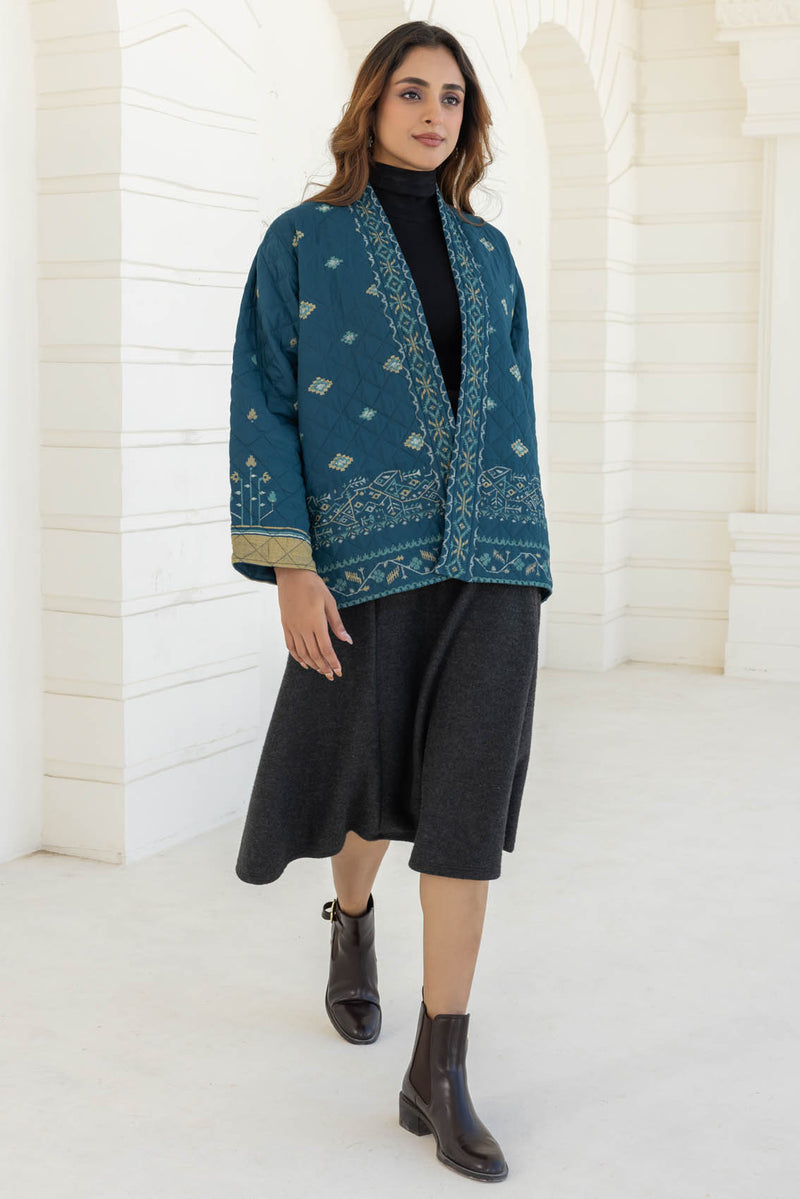 Teal Jamdani Quilted Jacket
