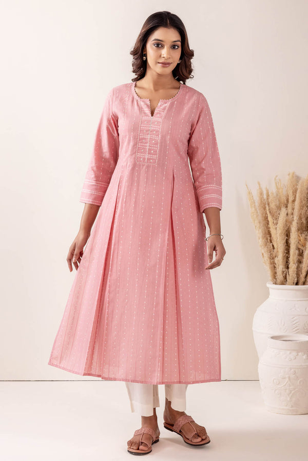 Pink Pleated Handloom Cotton Kurta