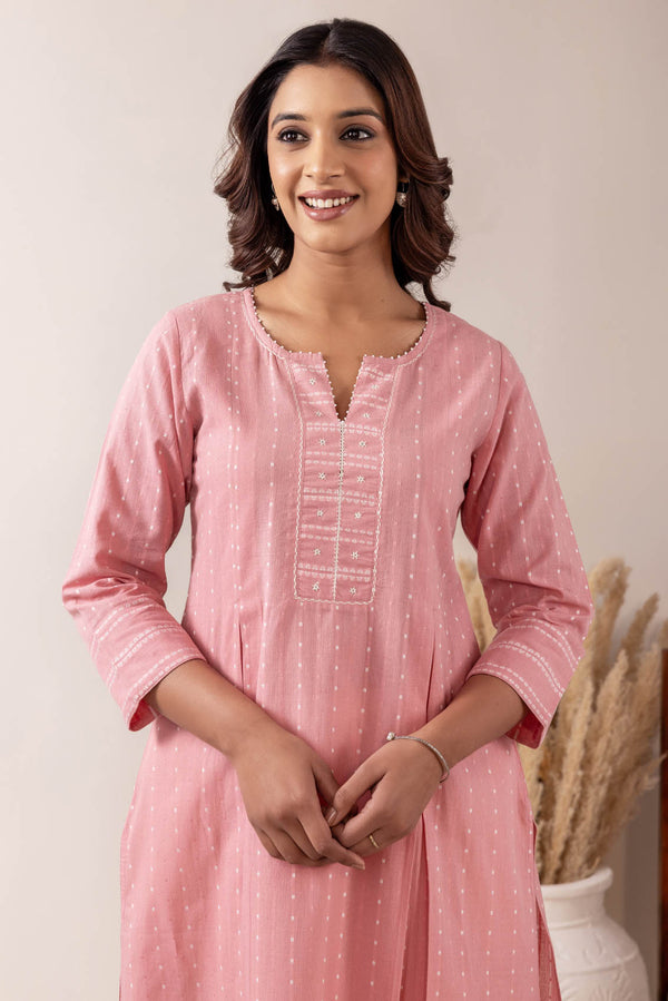 Pink Pleated Handloom Cotton Kurta