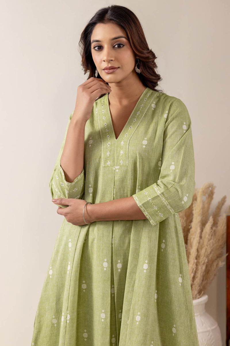 Sage Pleated Handloom Cotton Kurta