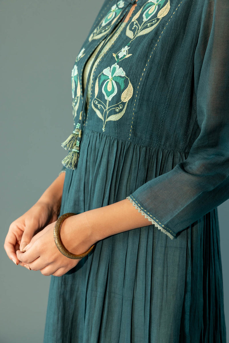 Military Green Floral Appliqué Kurta with Slip