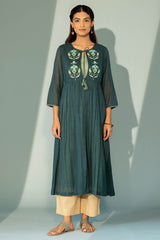 Military Green Floral Appliqué Kurta with Slip