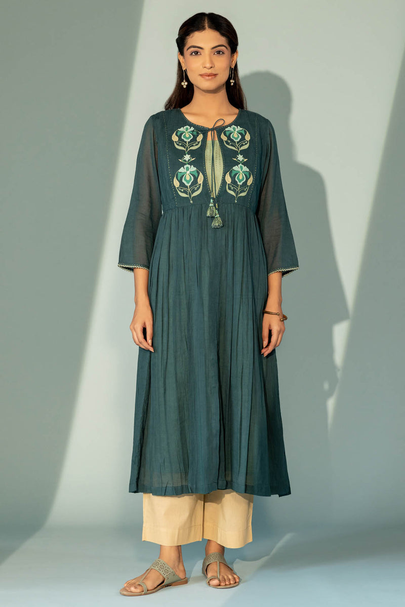 Military Green Floral Appliqué Kurta with Slip