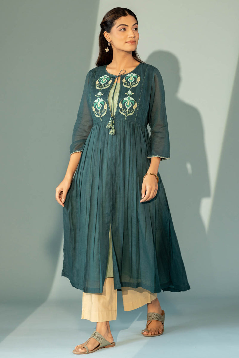 Military Green Floral Appliqué Kurta with Slip