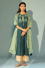 Military Green Floral Appliqué Kurta with Slip