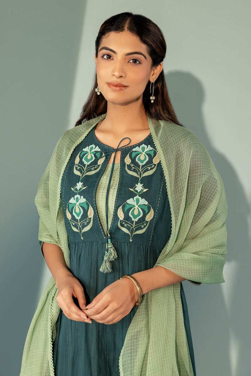 Military Green Floral Appliqué Kurta with Slip