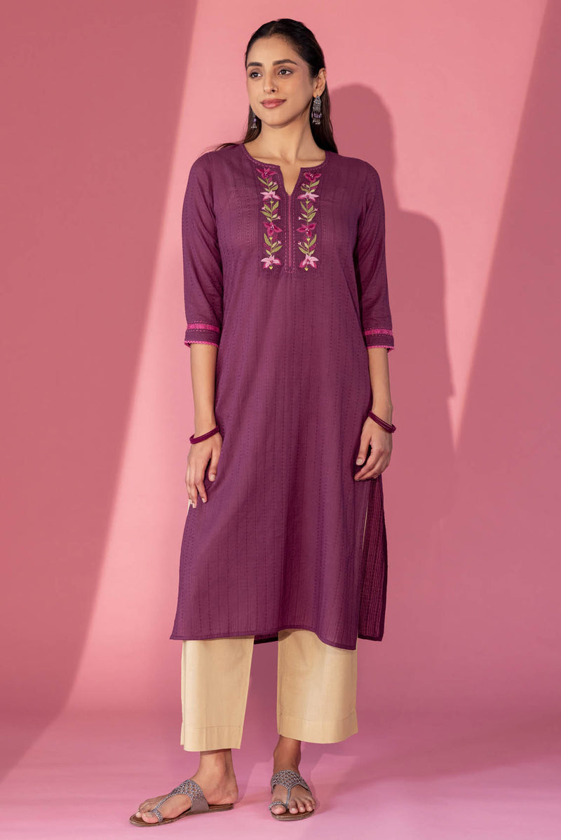 Grape Floral Appliqué Kurta with Slip