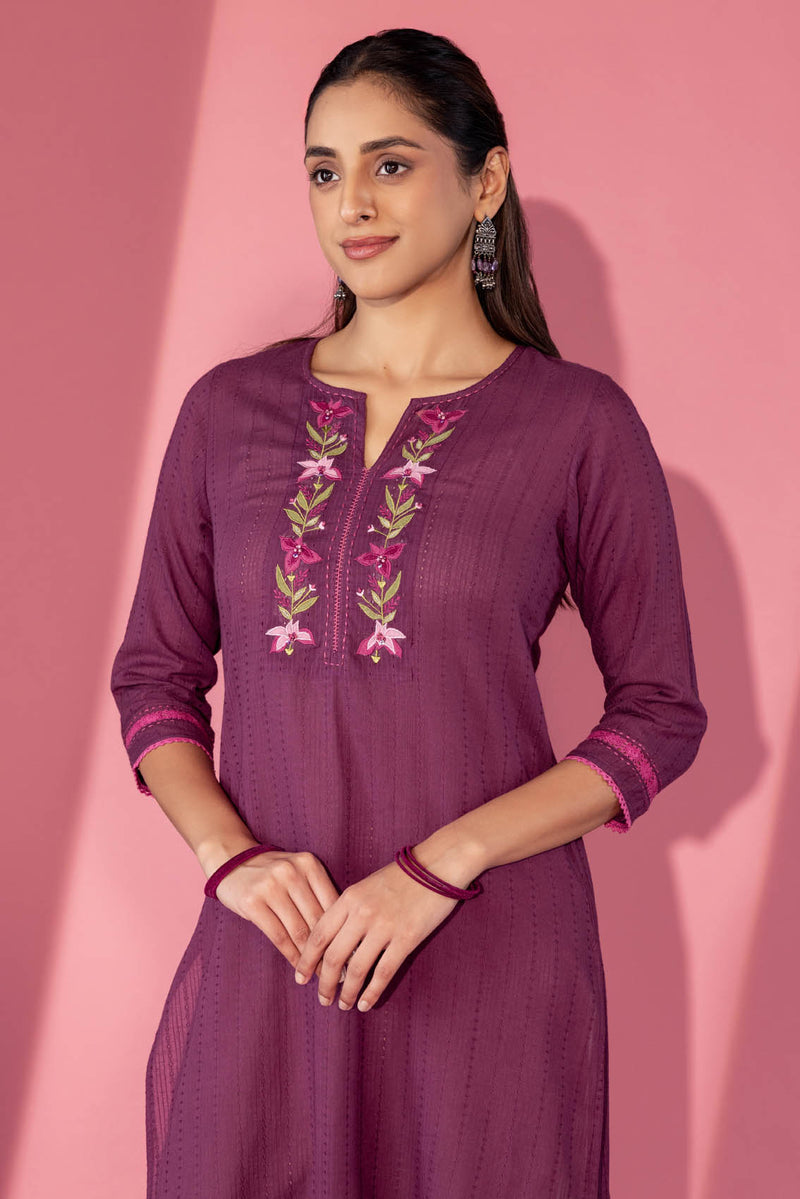 Grape Floral Appliqué Kurta with Slip