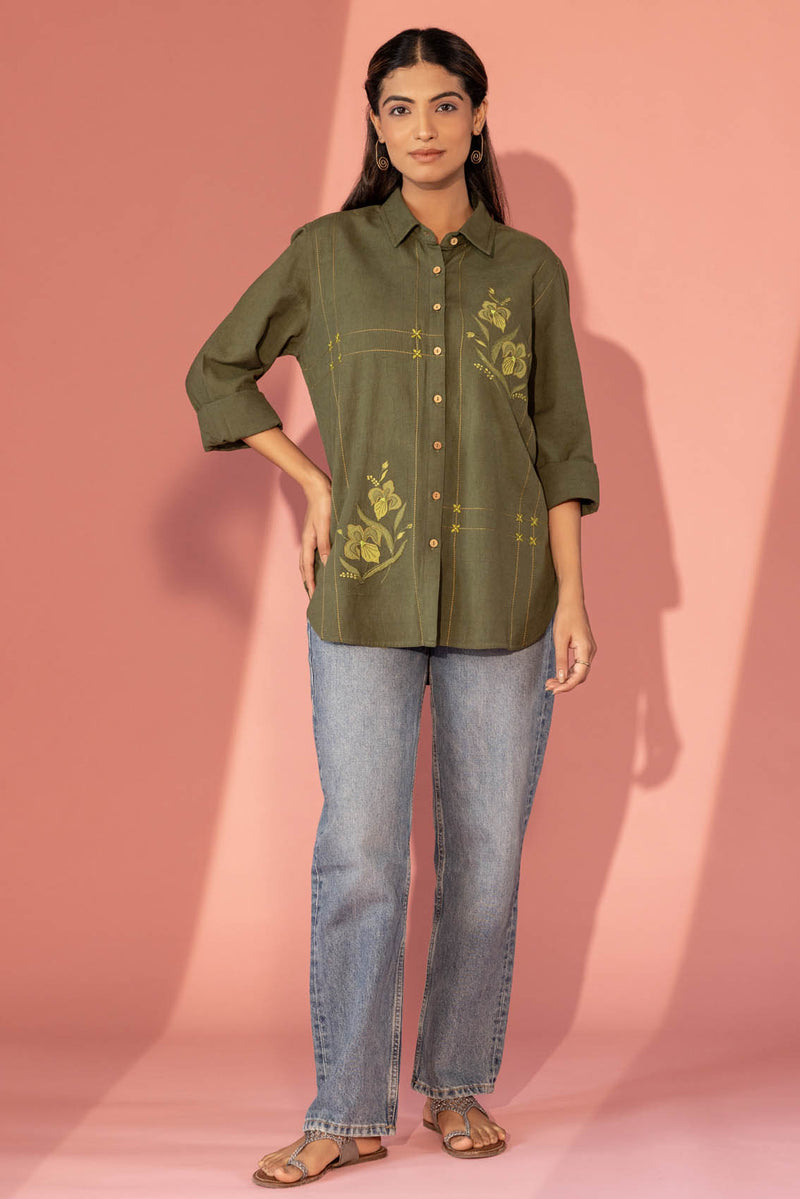 Olive Floral Appliqué Shirt