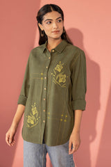 Olive Floral Appliqué Shirt