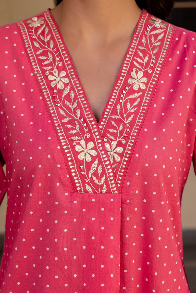 Pink Polka Embroidered Kurta