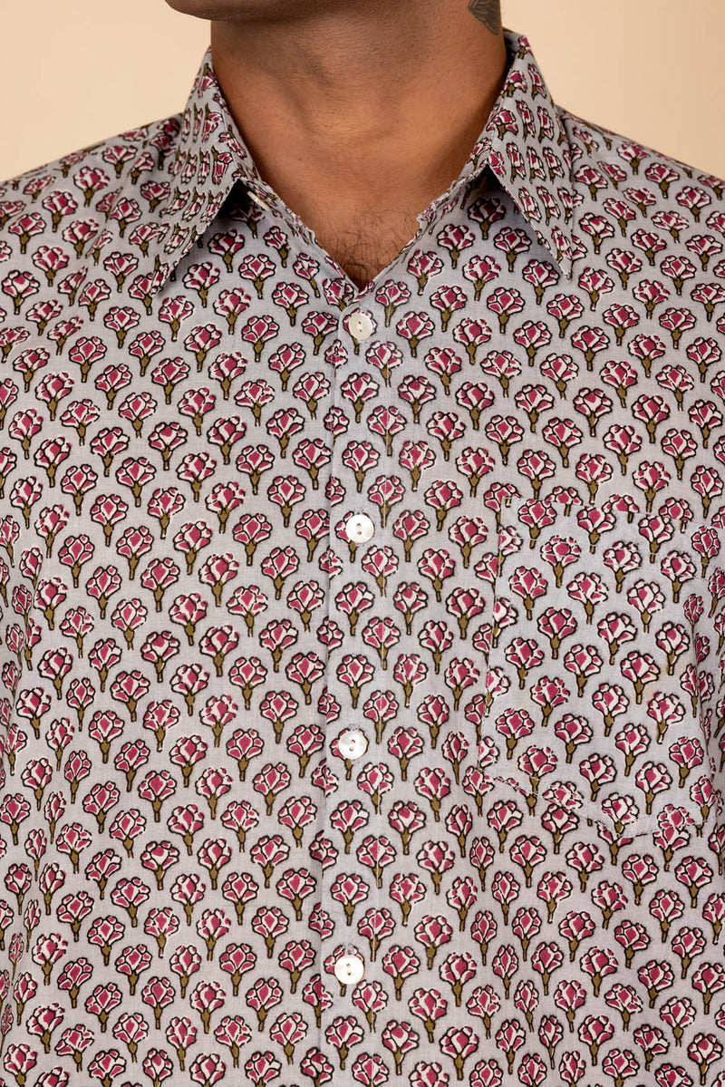 Grey Floral Printed Cotton Shirt