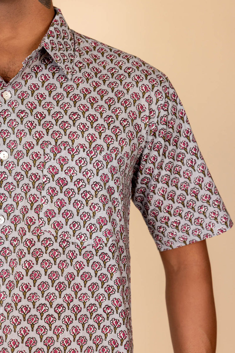 Grey Floral Printed Cotton Shirt