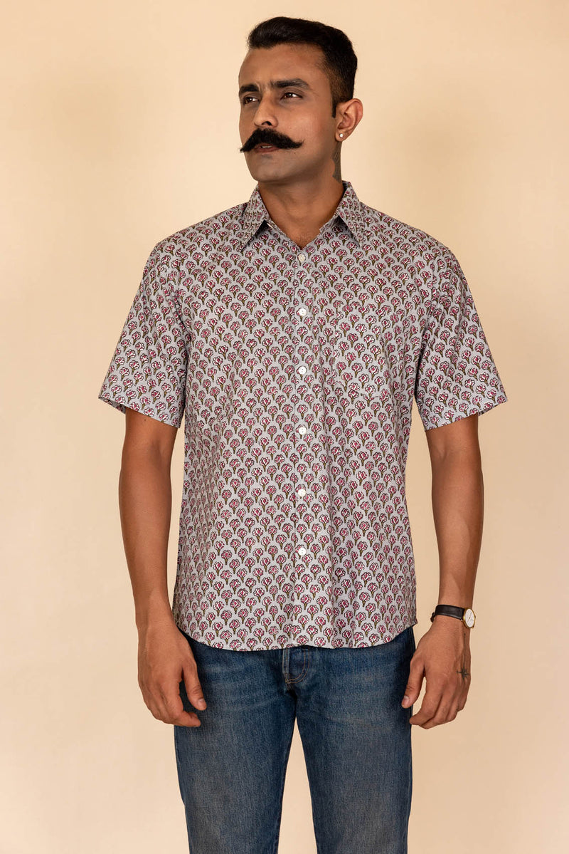 Grey Floral Printed Cotton Shirt