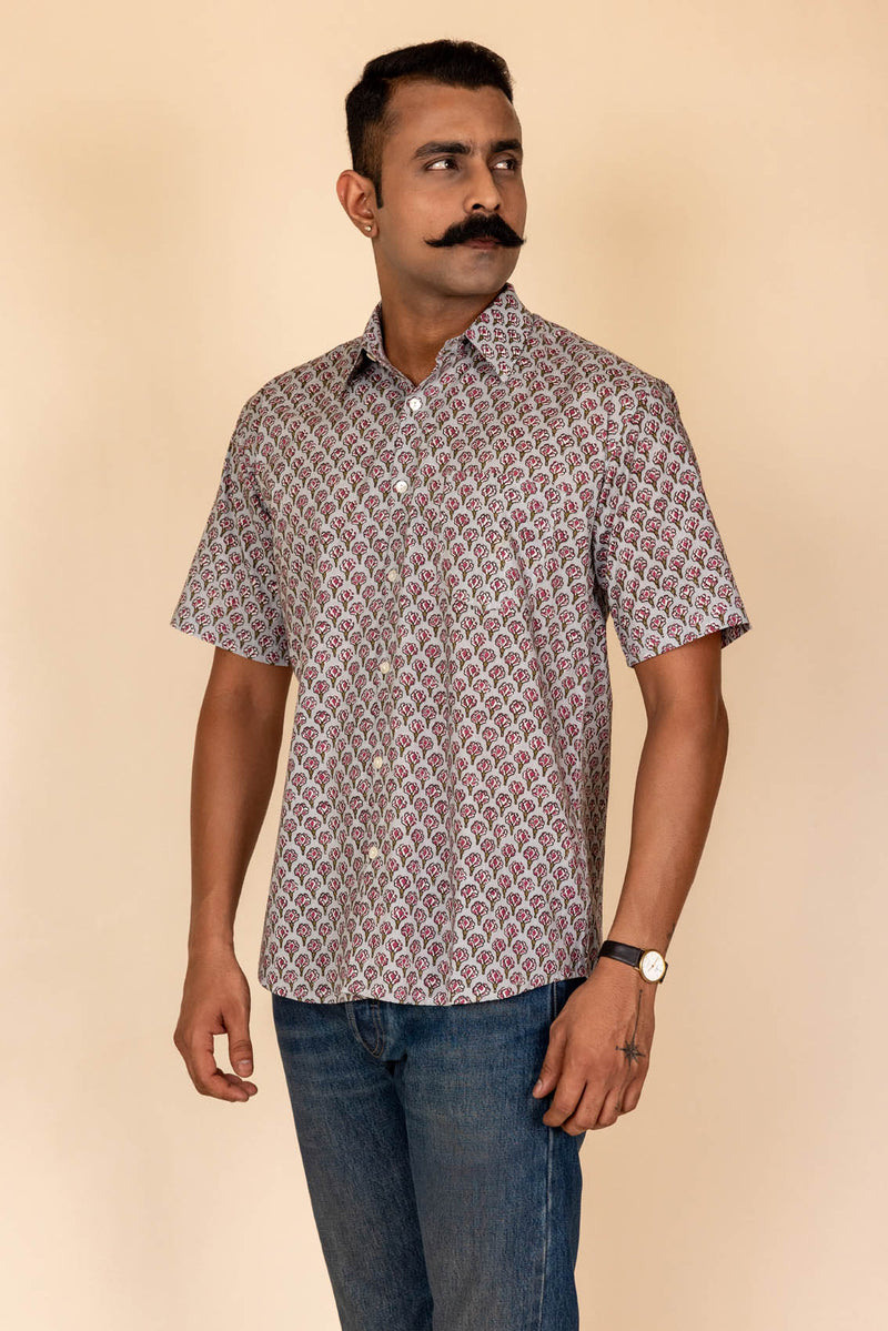 Grey Floral Printed Cotton Shirt