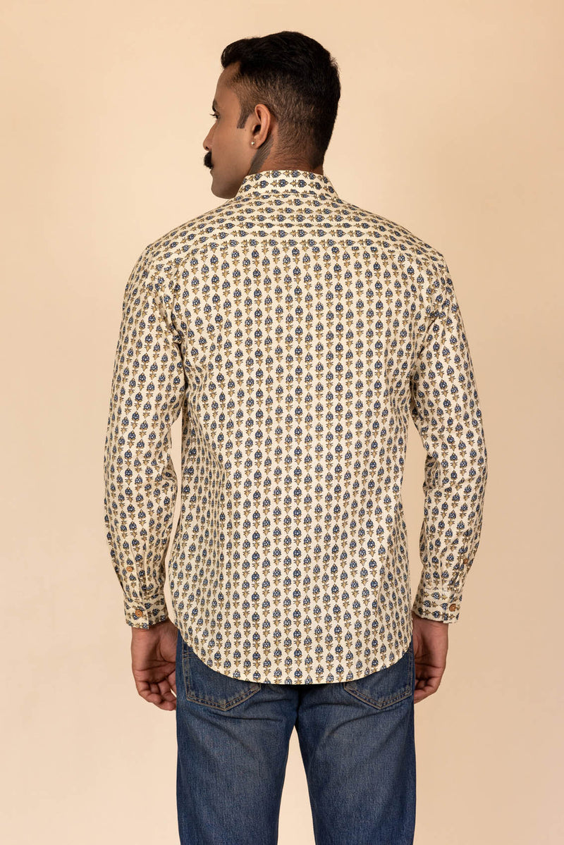 Cream Printed Cotton Full Sleeve Shirt