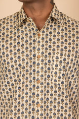 Cream Printed Cotton Full Sleeve Shirt