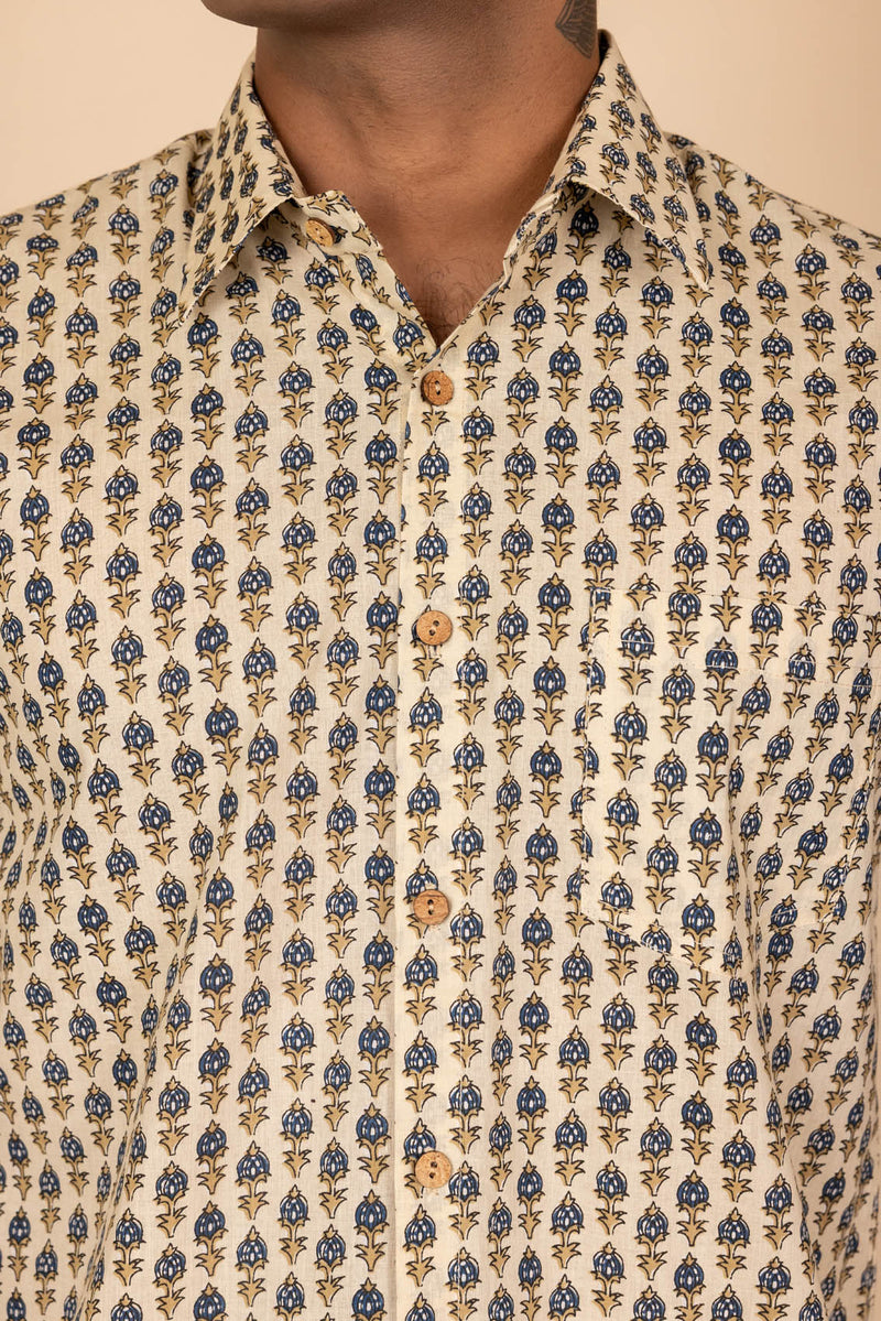 Cream Printed Cotton Full Sleeve Shirt