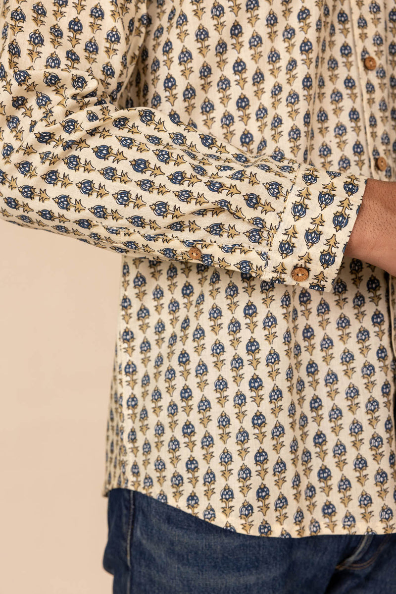 Cream Printed Cotton Full Sleeve Shirt