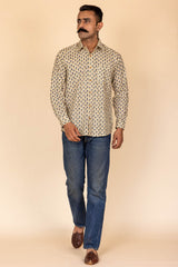Cream Printed Cotton Full Sleeve Shirt