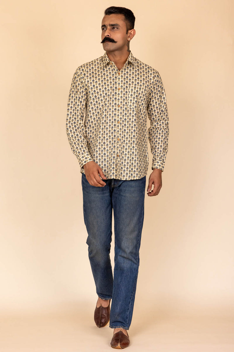 Cream Printed Cotton Full Sleeve Shirt