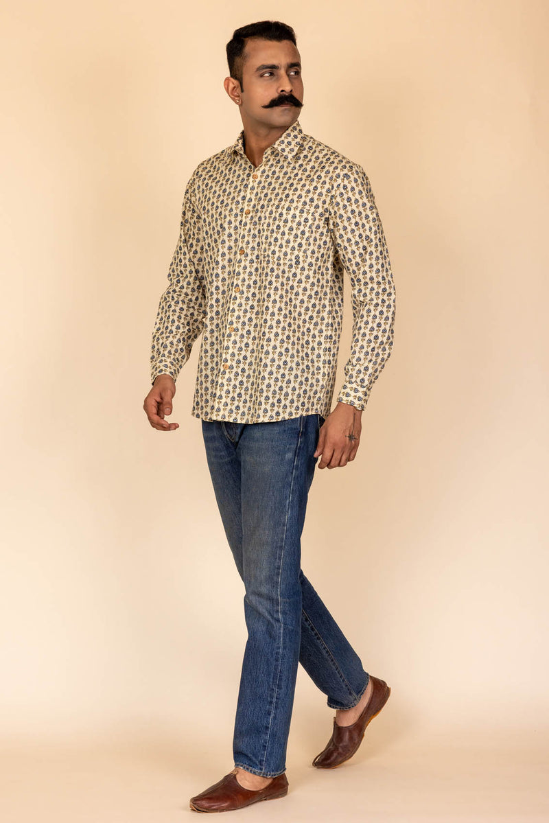 Cream Printed Cotton Full Sleeve Shirt