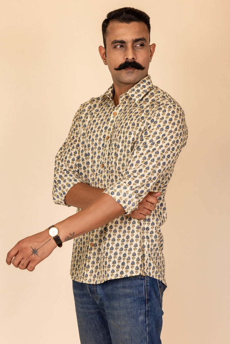 Cream Printed Cotton Full Sleeve Shirt