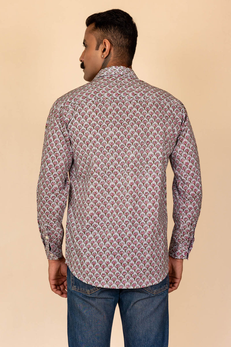 Grey Floral Printed Cotton Full Sleeve Shirt