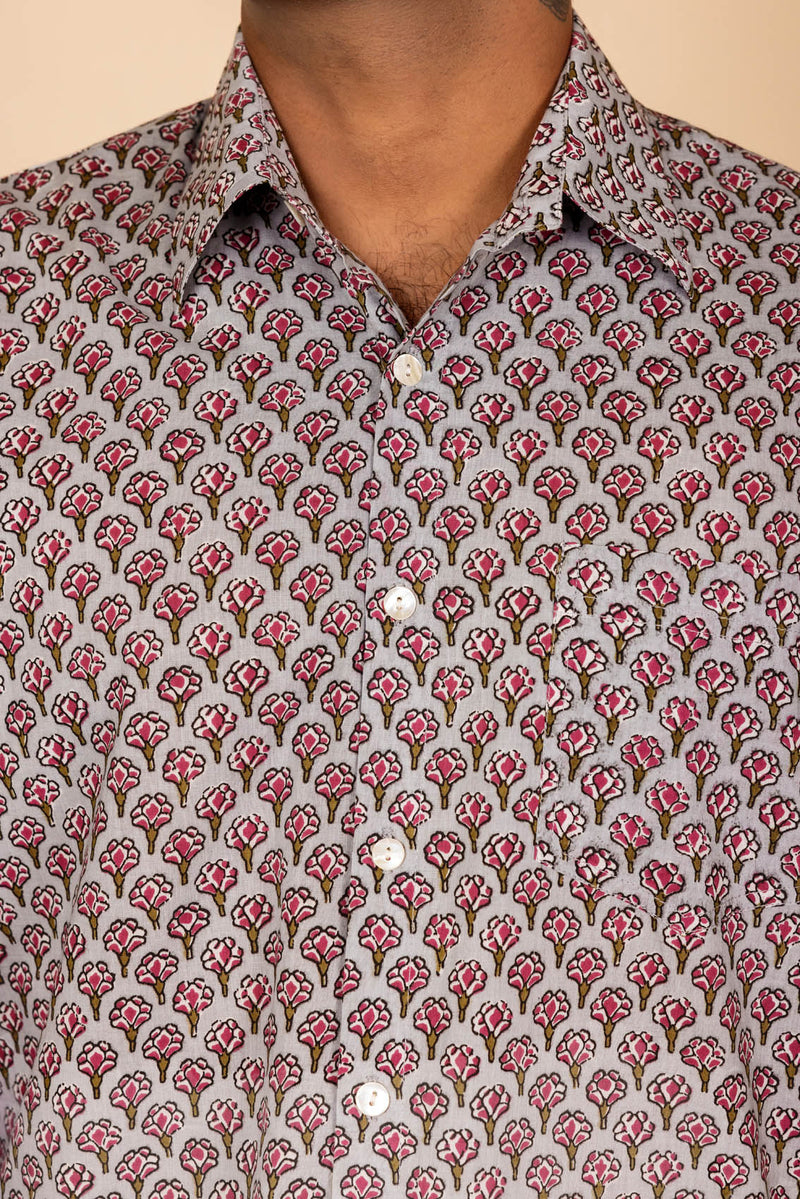 Grey Floral Printed Cotton Full Sleeve Shirt