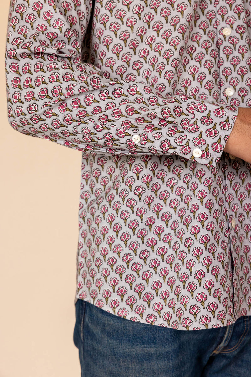 Grey Floral Printed Cotton Full Sleeve Shirt