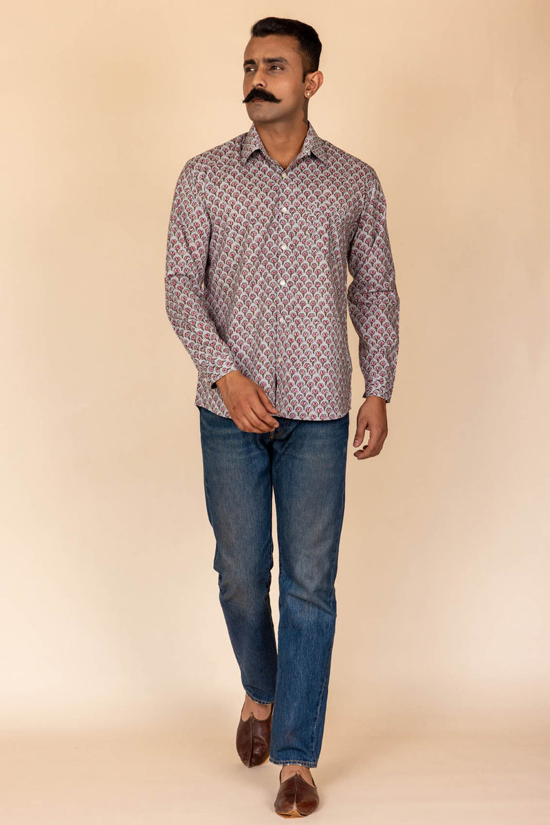 Grey Floral Printed Cotton Full Sleeve Shirt