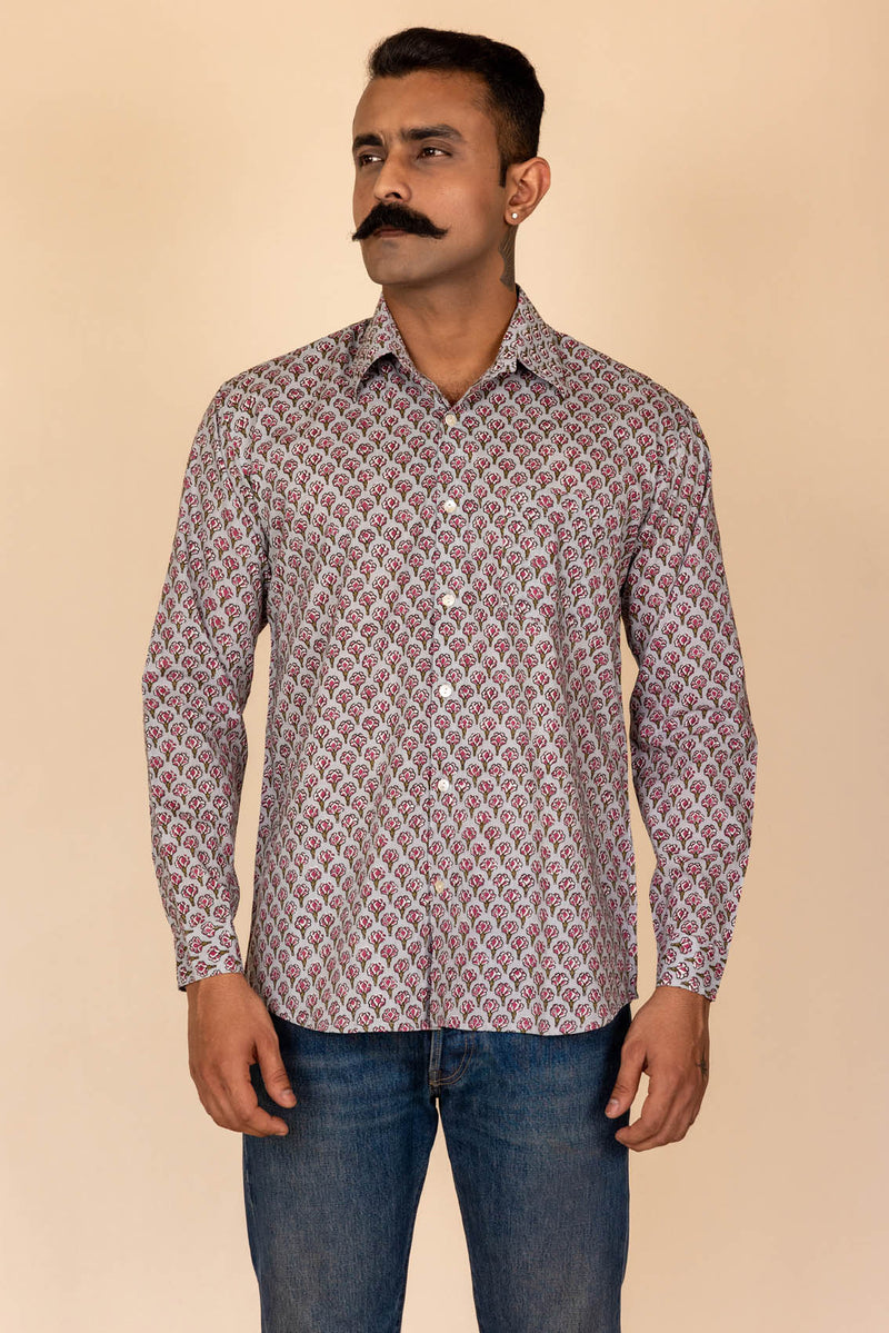 Grey Floral Printed Cotton Full Sleeve Shirt