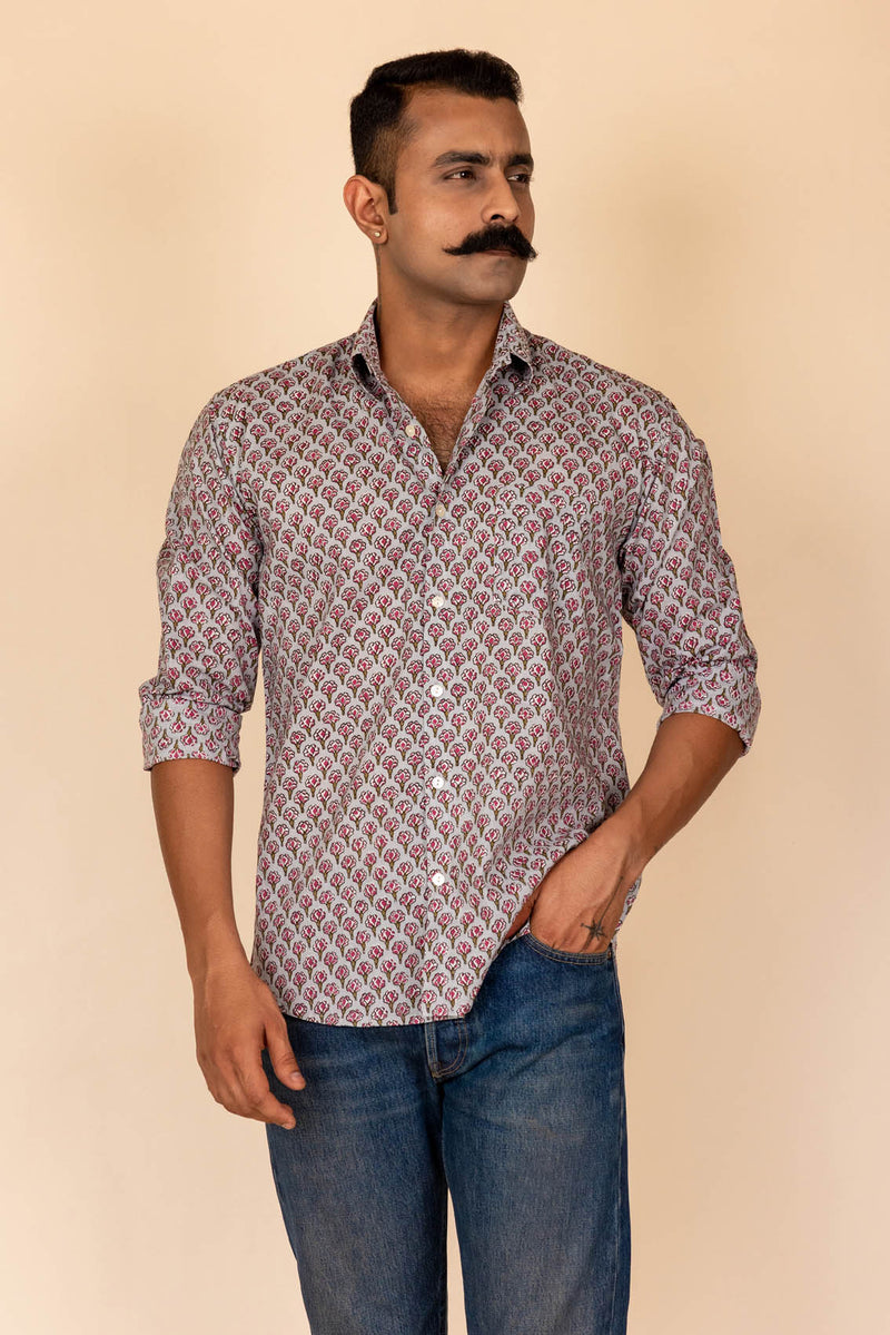 Grey Floral Printed Cotton Full Sleeve Shirt