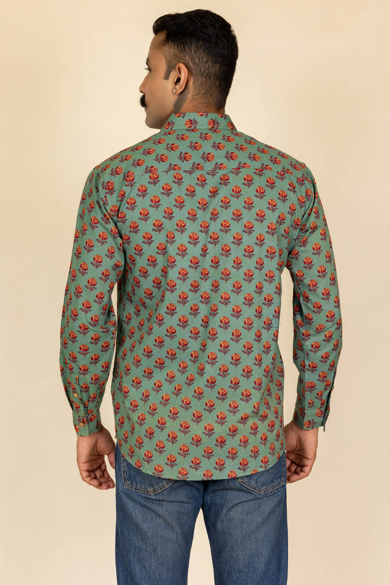 Green Printed Cotton Full Sleeve Shirt