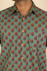 Green Printed Cotton Full Sleeve Shirt