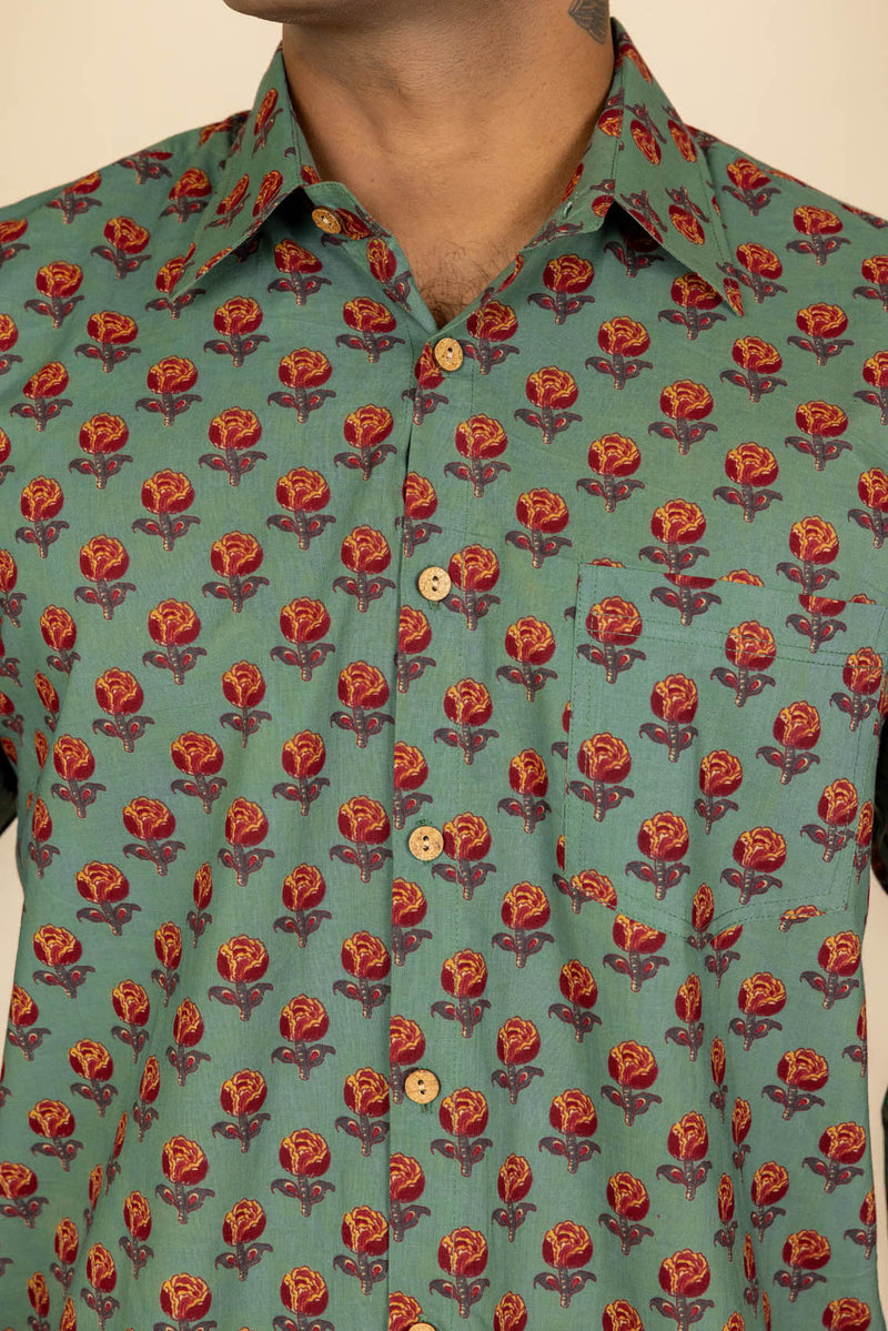Green Printed Cotton Full Sleeve Shirt