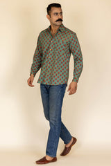 Green Printed Cotton Full Sleeve Shirt