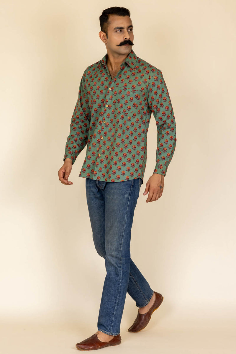 Green Printed Cotton Full Sleeve Shirt